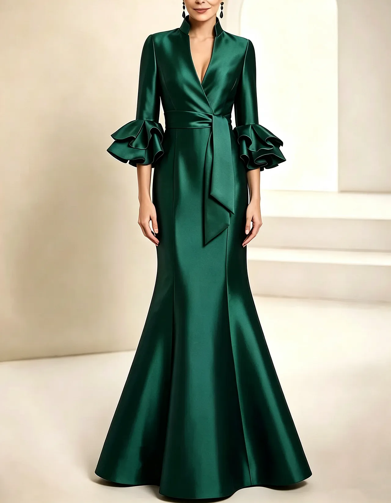 Royal Blue Stand Collar Ruffled Satin Mermaid Maxi Dress