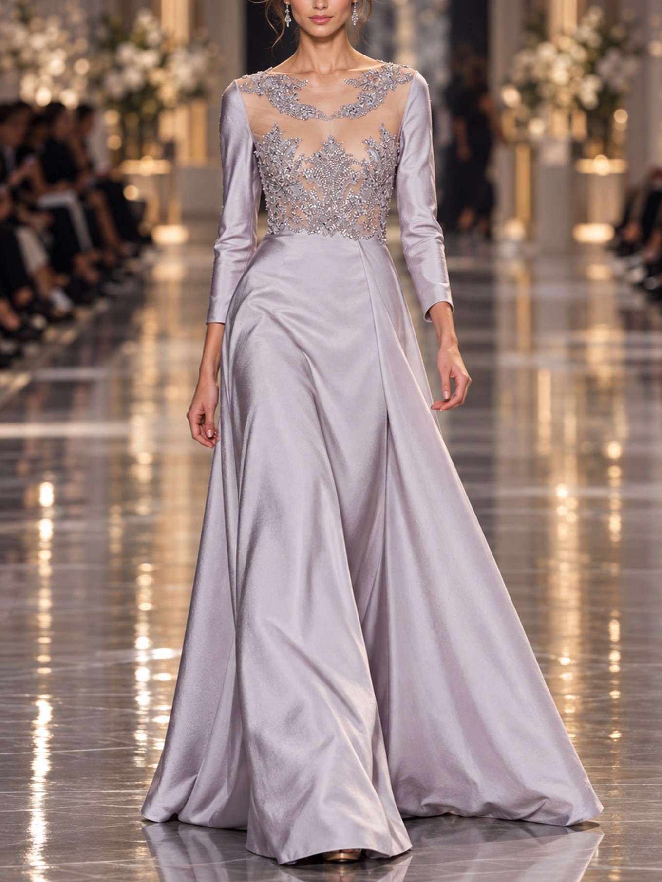 Silver Grey Long Sleeve Evening Gown with Sheer Beaded Lace Bodice