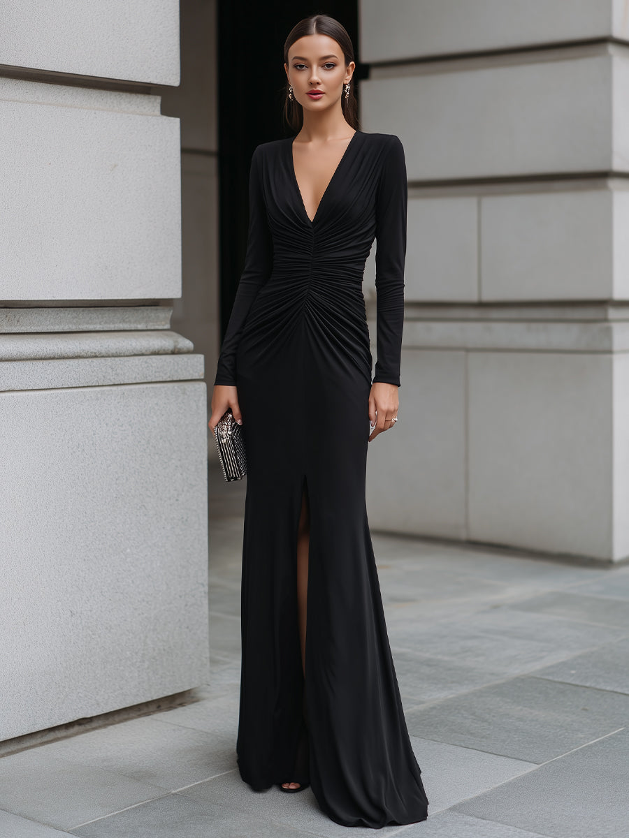 Black Deep V-Neck Ruched Long Sleeve Column Gown