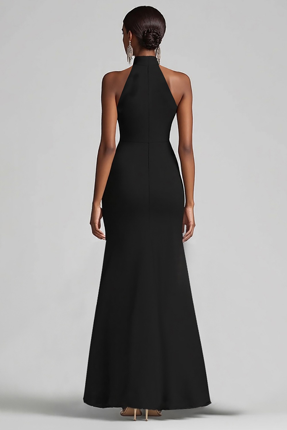 Black Halter Sheath Ruffled Formal Dress with Slit