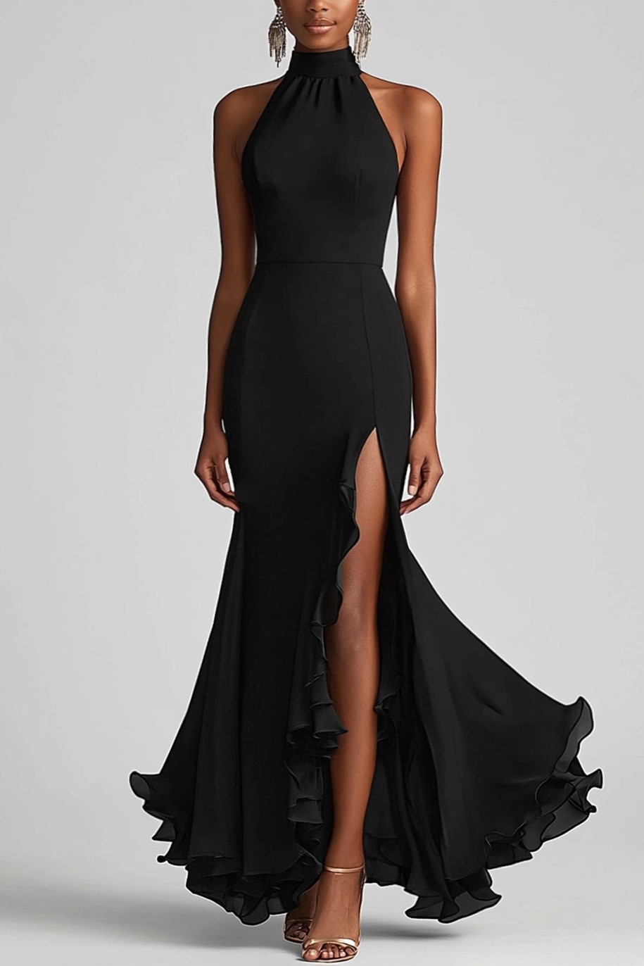Black Halter Sheath Ruffled Formal Dress with Slit