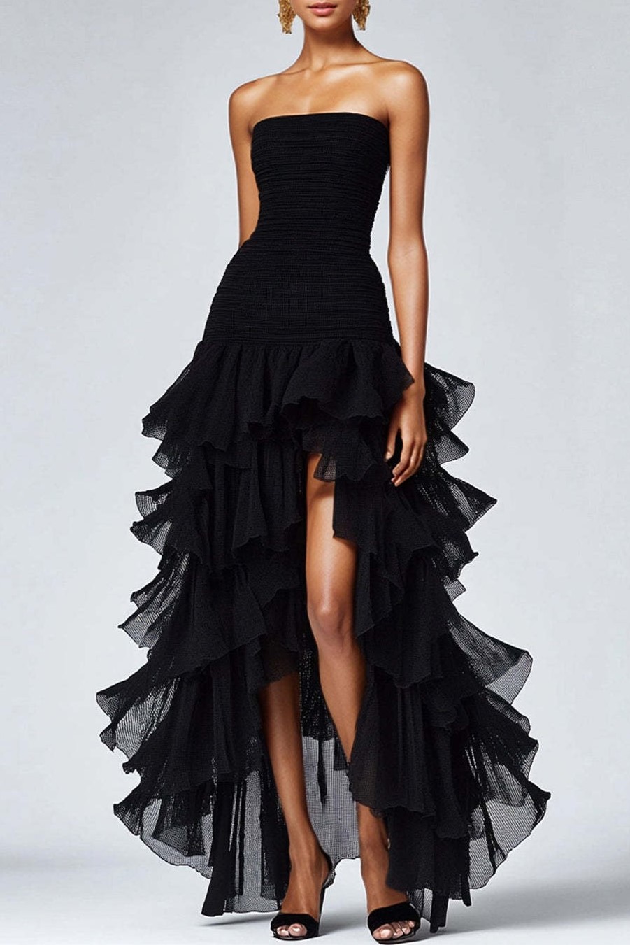 Black Strapless Tulle Tiered Ruffles Formal Dress