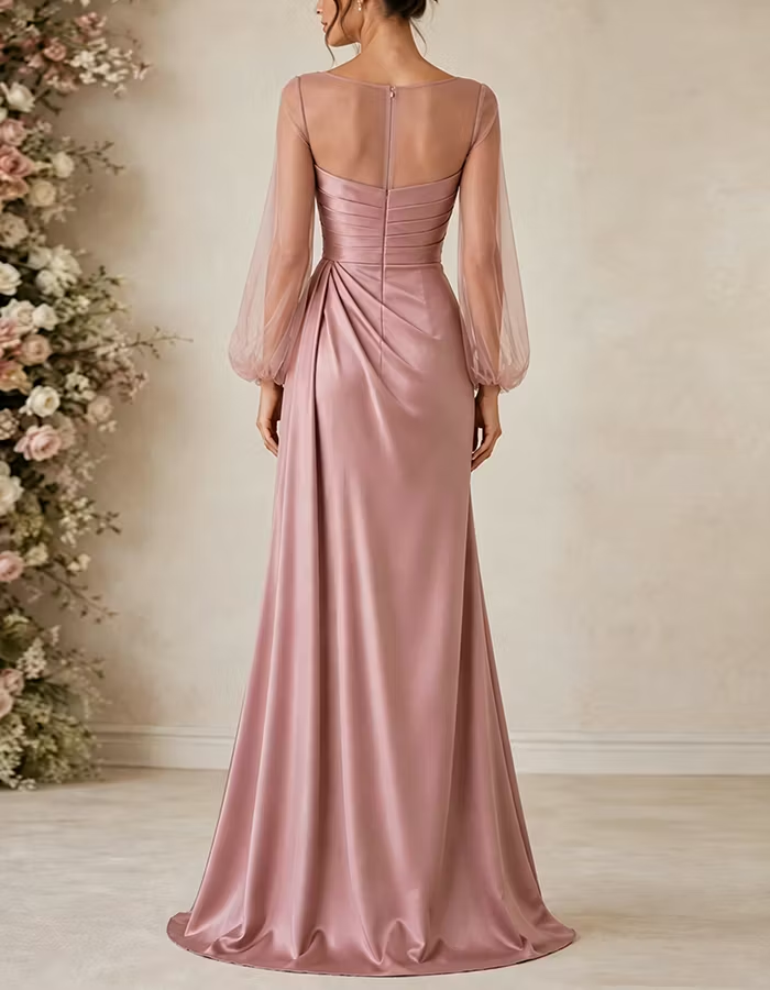Pink Round Neck Satin Tulle Puff Sleeves Maxi Dress