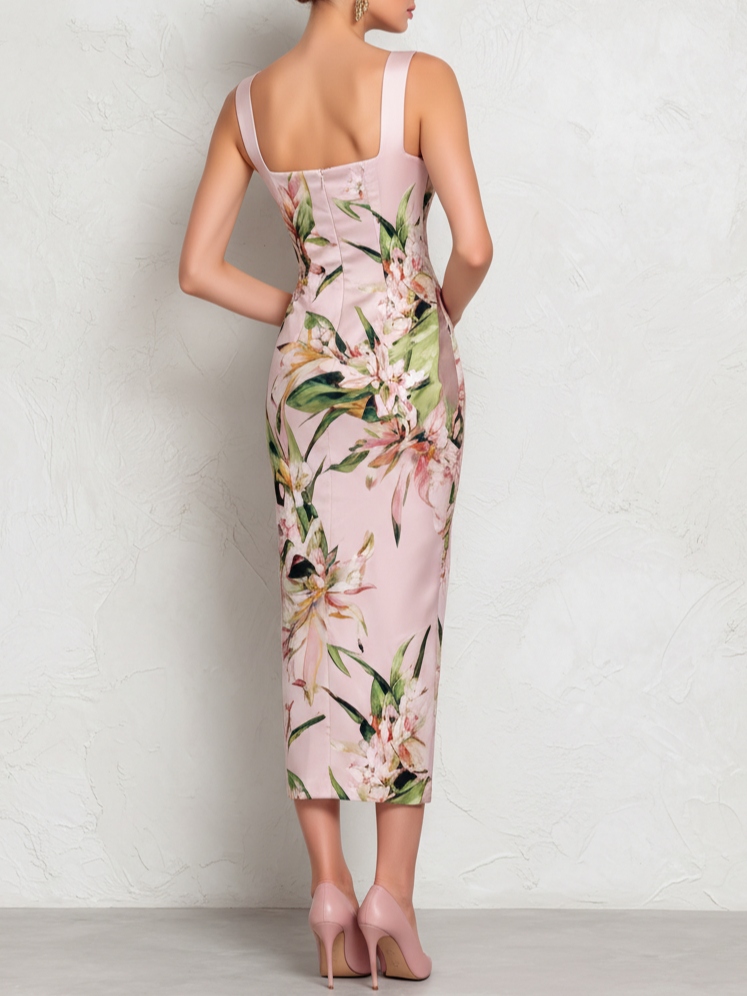 Pink Floral Satin Square Neck Sleeveless Sheath Midi Dress