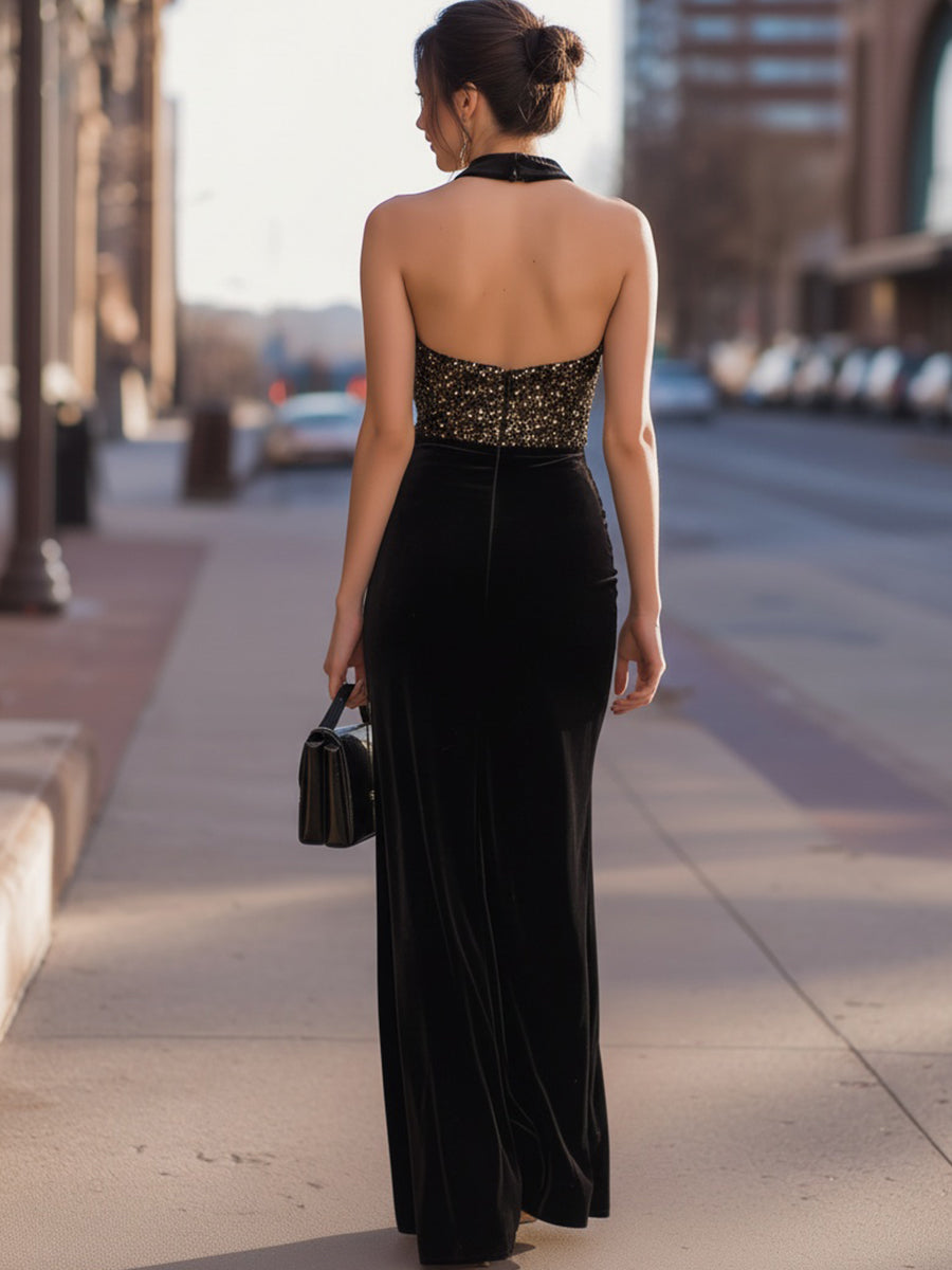Black Halter Neck Sequin Bodice Velvet Maxi Dress