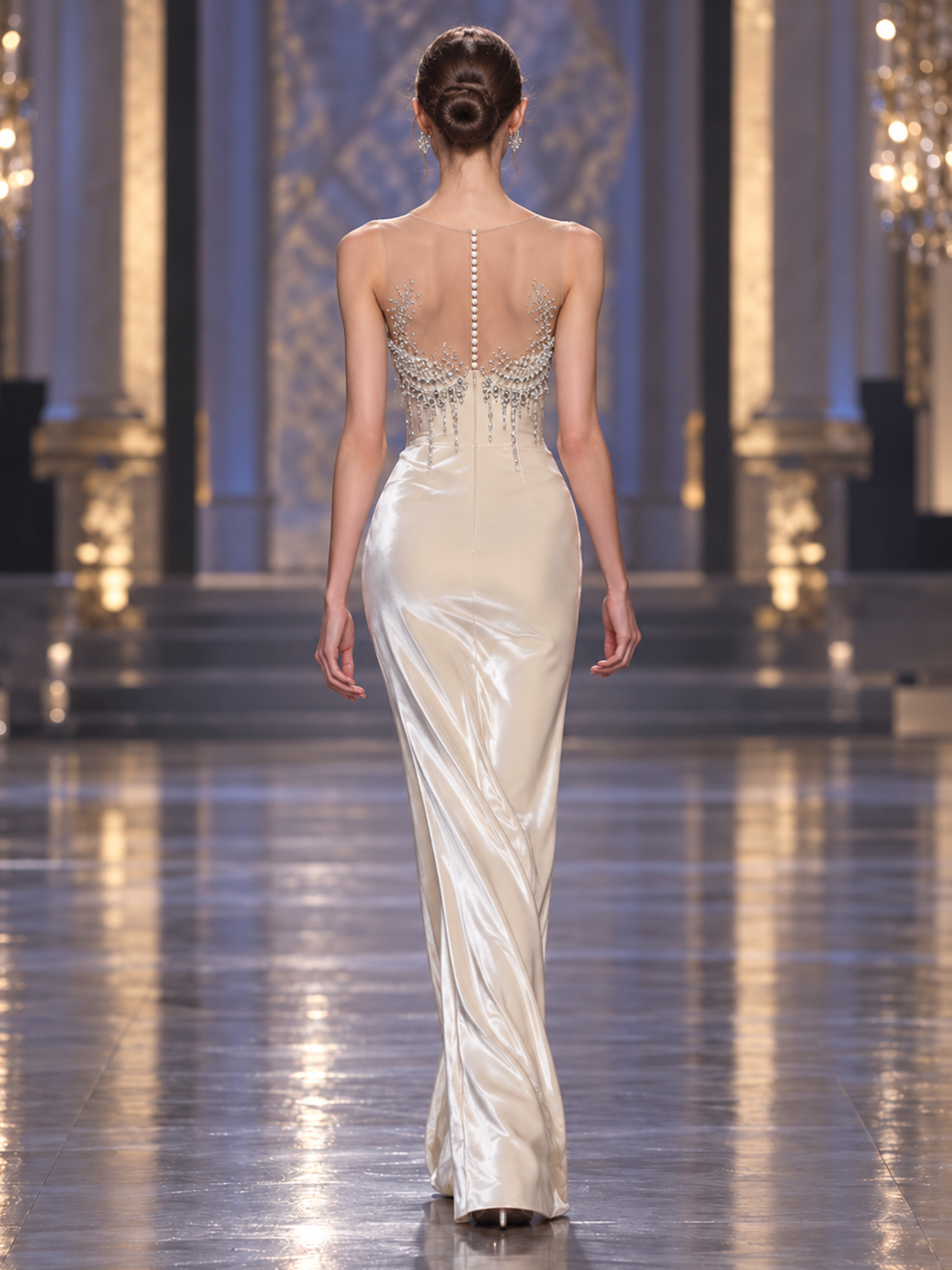 Champagne Satin Sheath Gown with Crystal Beaded Sweetheart Illusion Neckline