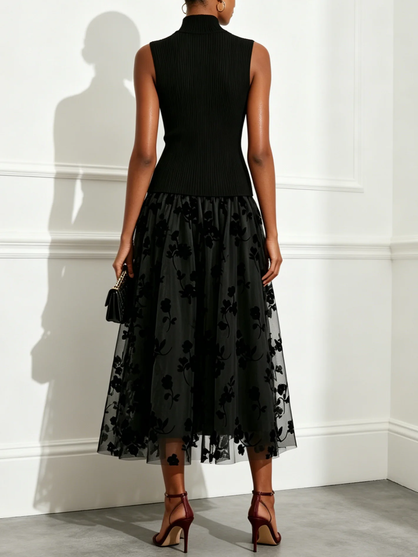 Black Flocked Knit High Neck Sleeveless A-Line Maxi Dress