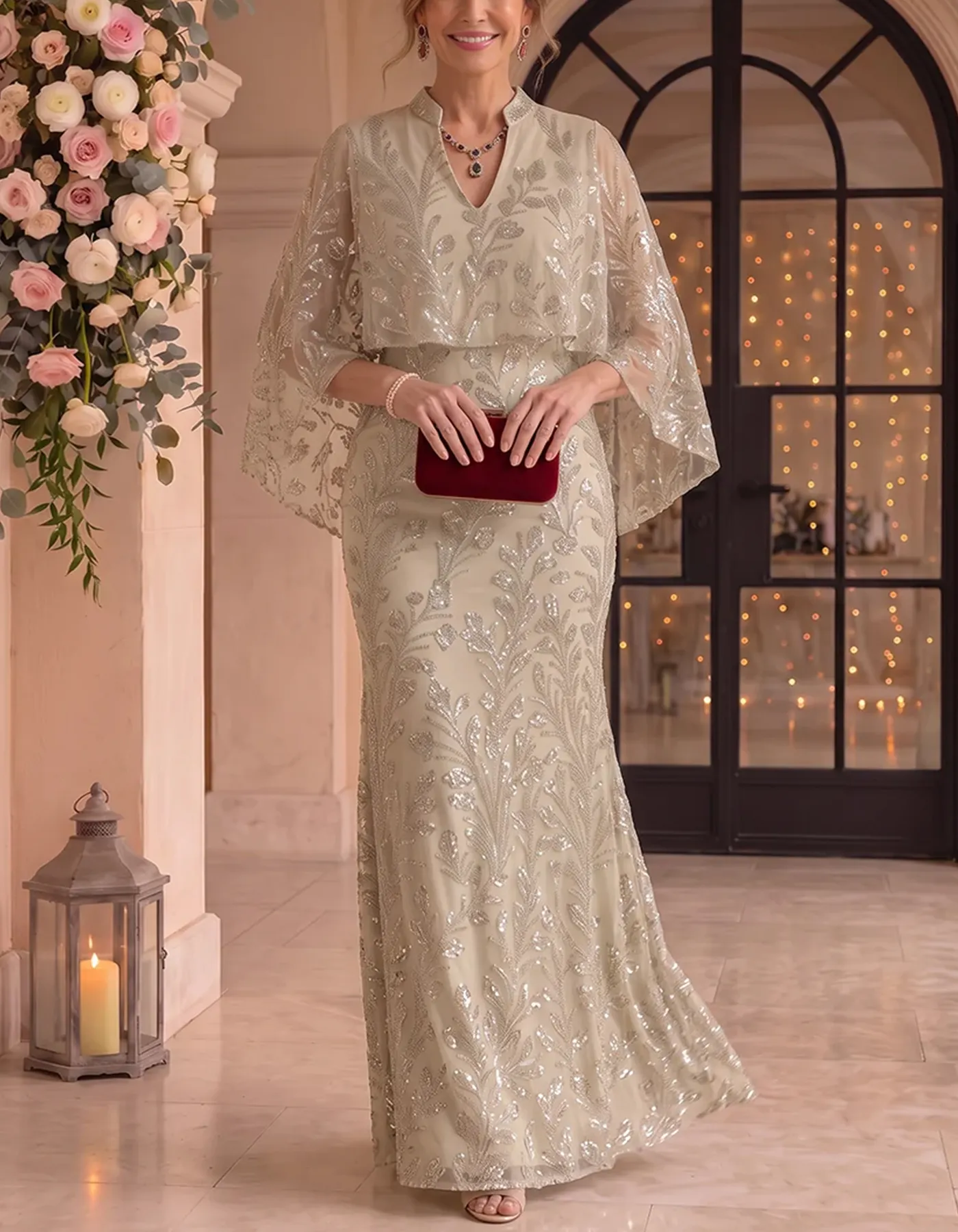 Champagne Sequin Tulle Stand Collar V-Neck Cape Sleeve Maxi Dress