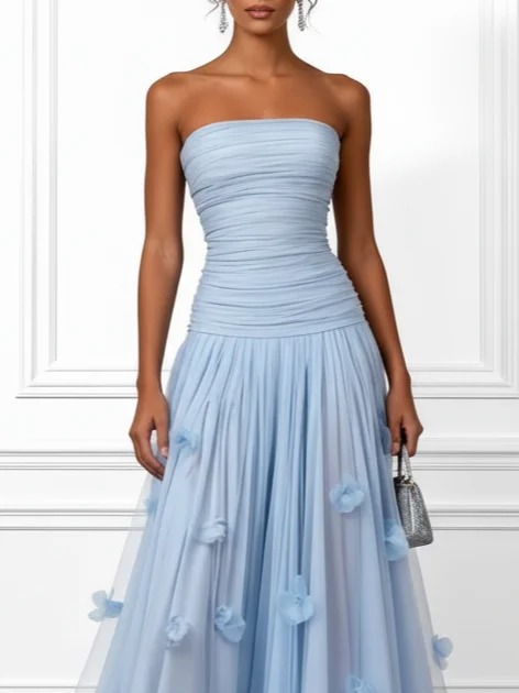 Light Blue 3D Floral Ruched Tulle Strapless Sleeveless A-Line Gown Dress