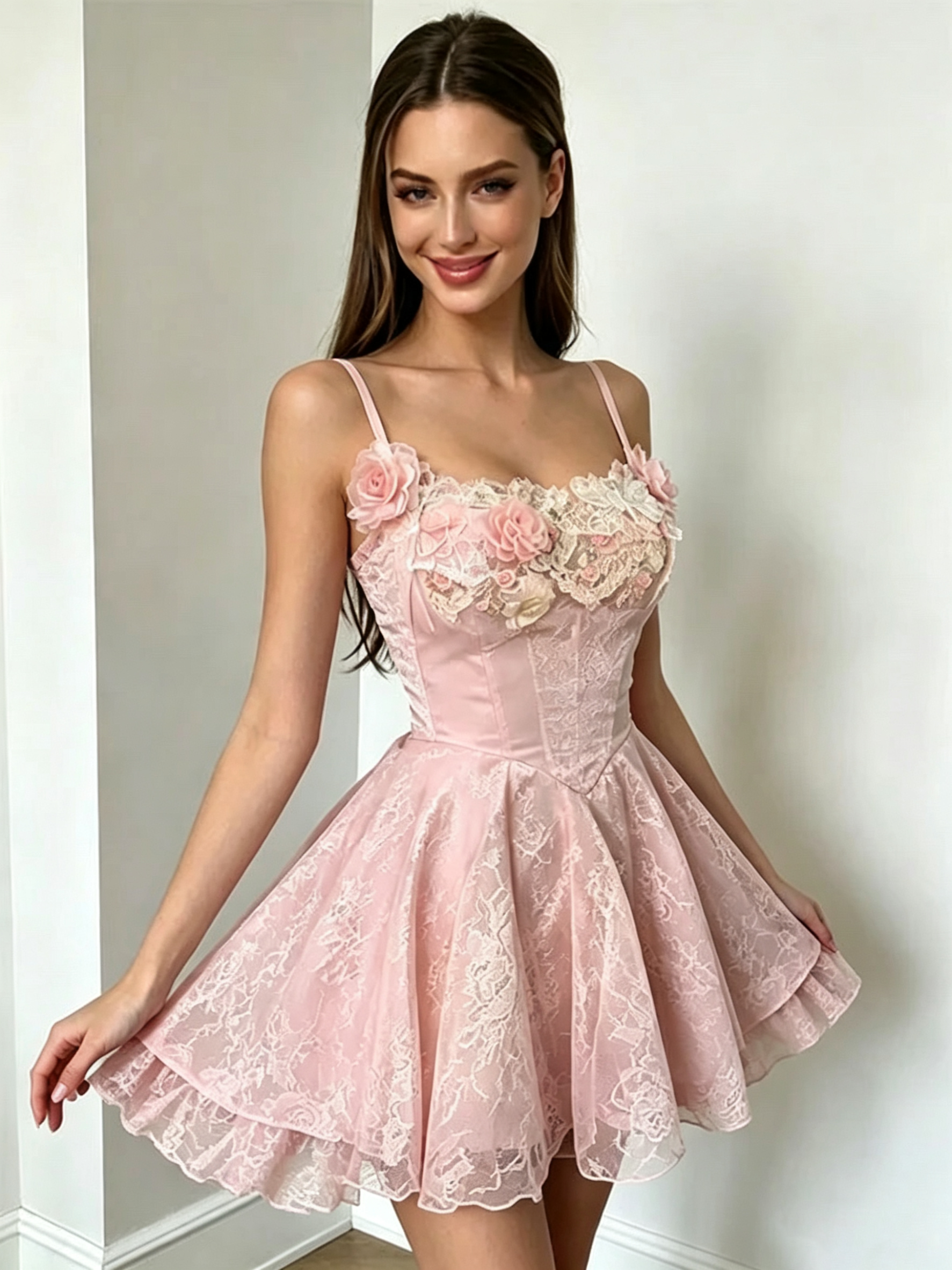 Elegant Pink Floral Applique Lace Short Homecoming Dress
