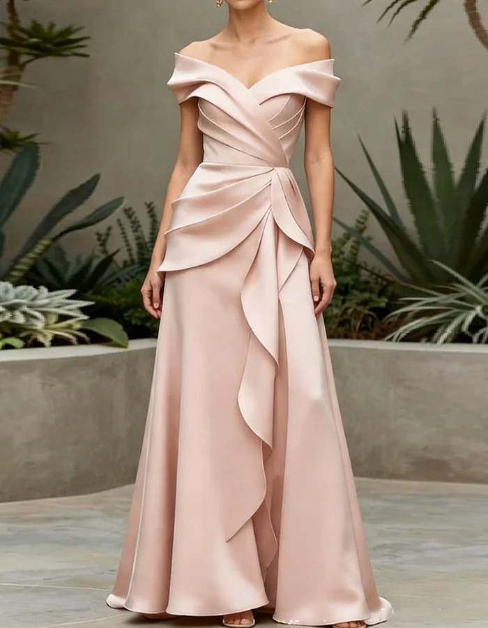 Pink Off-the-Shoulder Pleated Satin Maxi Dress