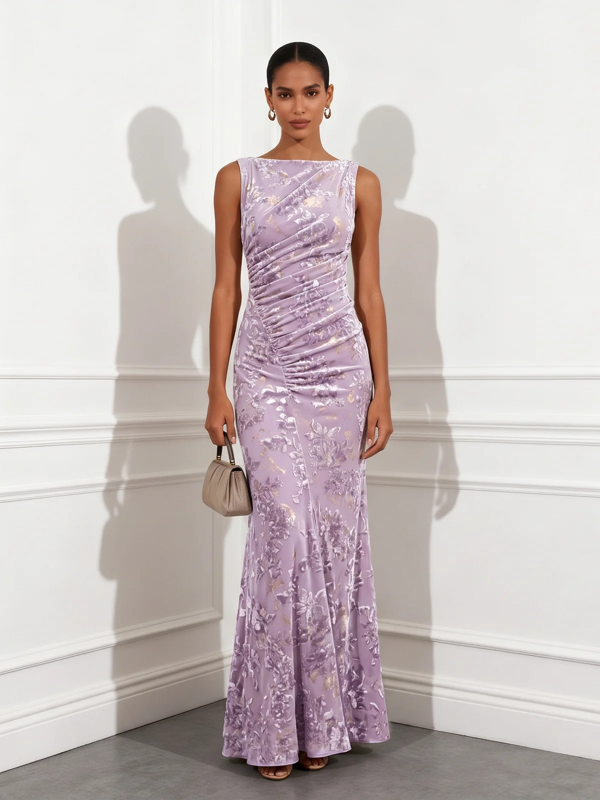 Light Purple Ruched Jacquard Knit Boat Neck Sleeveless Mermaid Floor-length Gown Dress