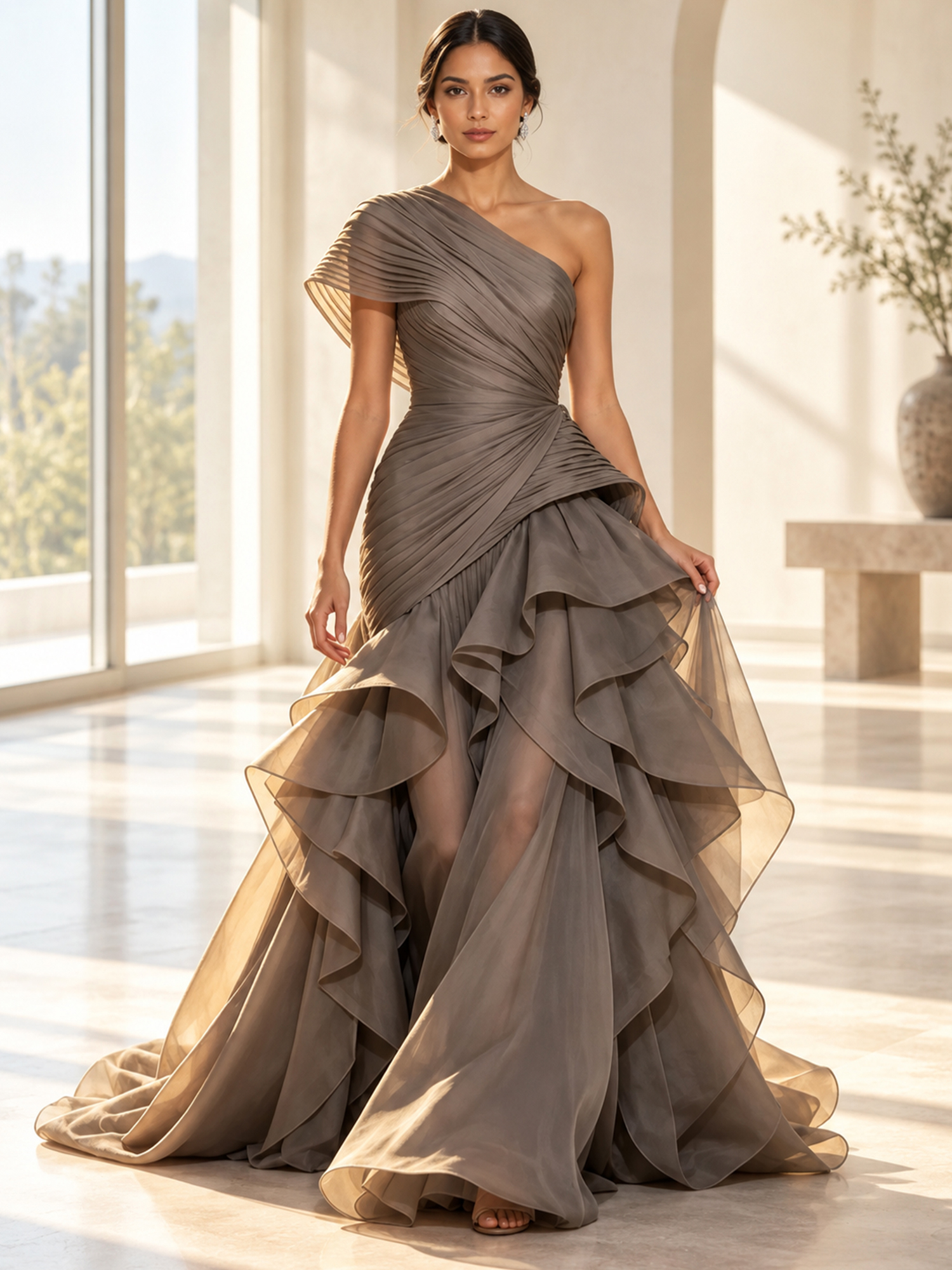 Asymmetrical One-shoulder Pleats Maxi Dress