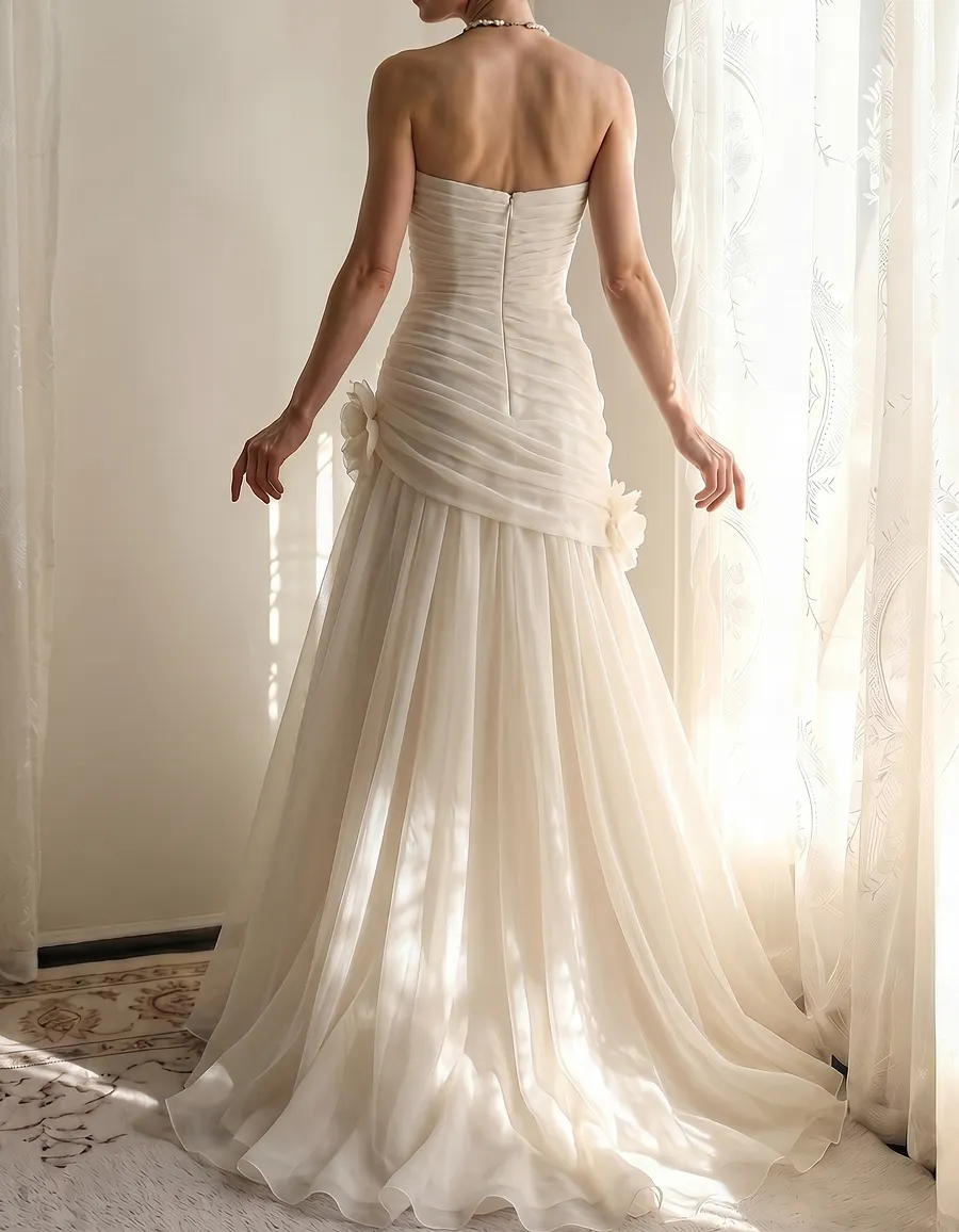 Chiffon Strapless Asymmetrical 3-Dimensional Rose Maxi Dress