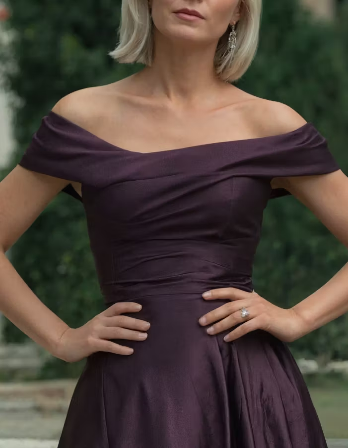 Dark Purple Off-the-Shoulder Satin A-Line Maxi Dress