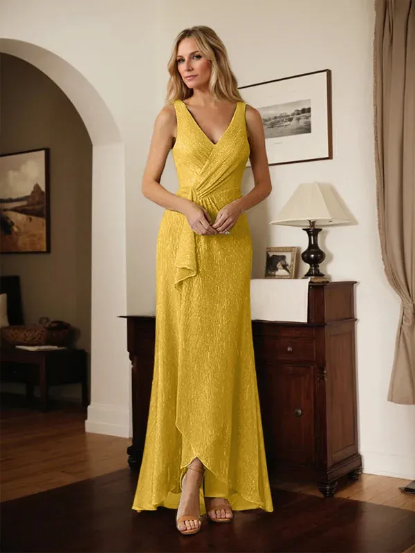 A-Line V-Neck Ruched Metallic Mesh Dress