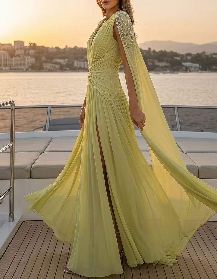 Light Yellow-Green Chiffon Deep V-Neck Diamond Epaulette Maxi Dress