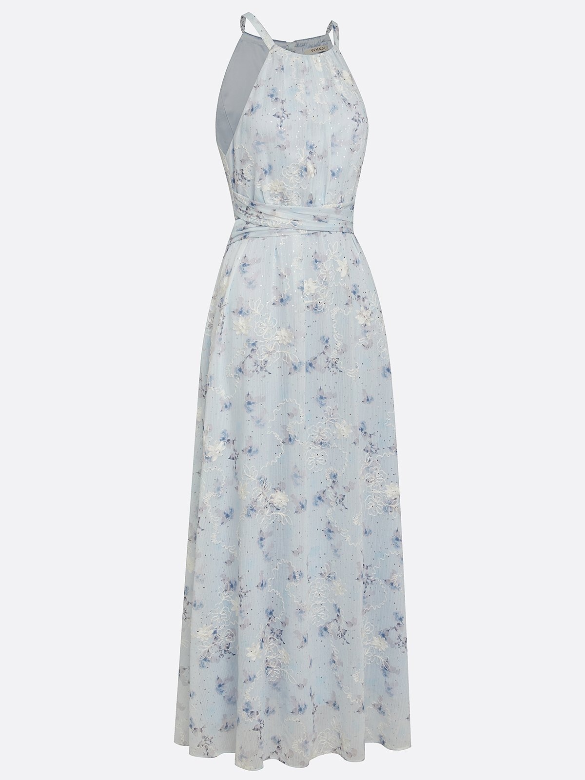 Light Blue Stamped Bronzing Jacquard Floral Chiffon Halter Sleeveless A-Line Maxi Dress