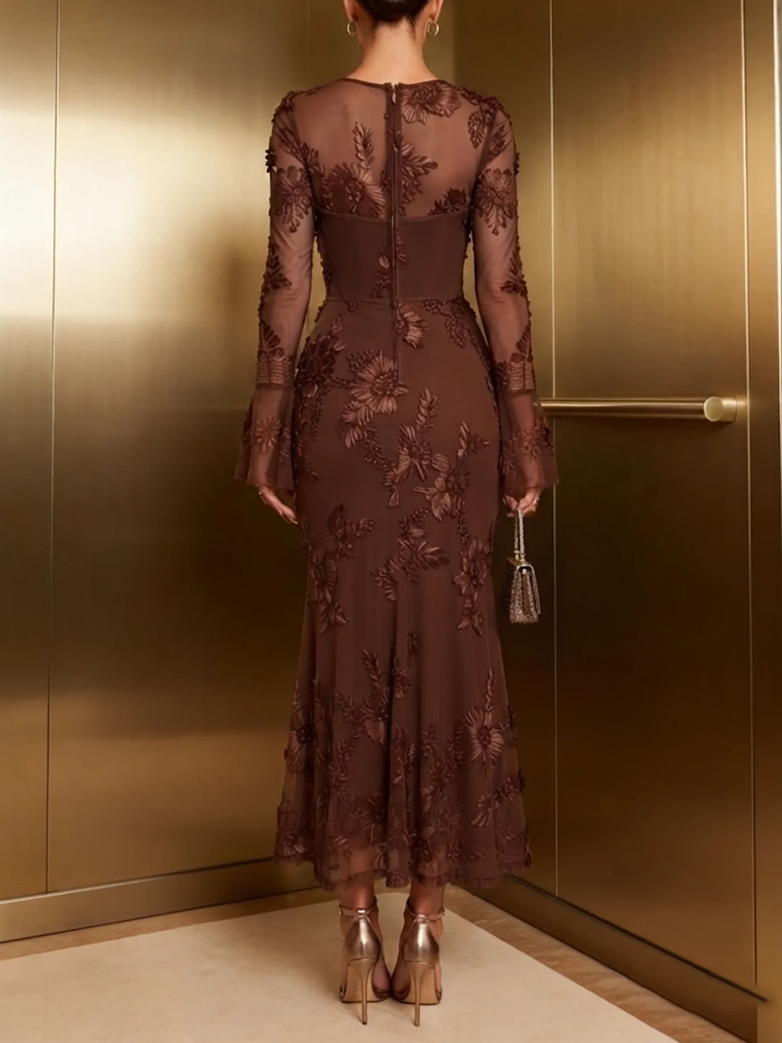 Brown 3D Floral Tulle Sweetheart Neckline Long Sleeve Bell Sleeve Mermaid Maxi Dress
