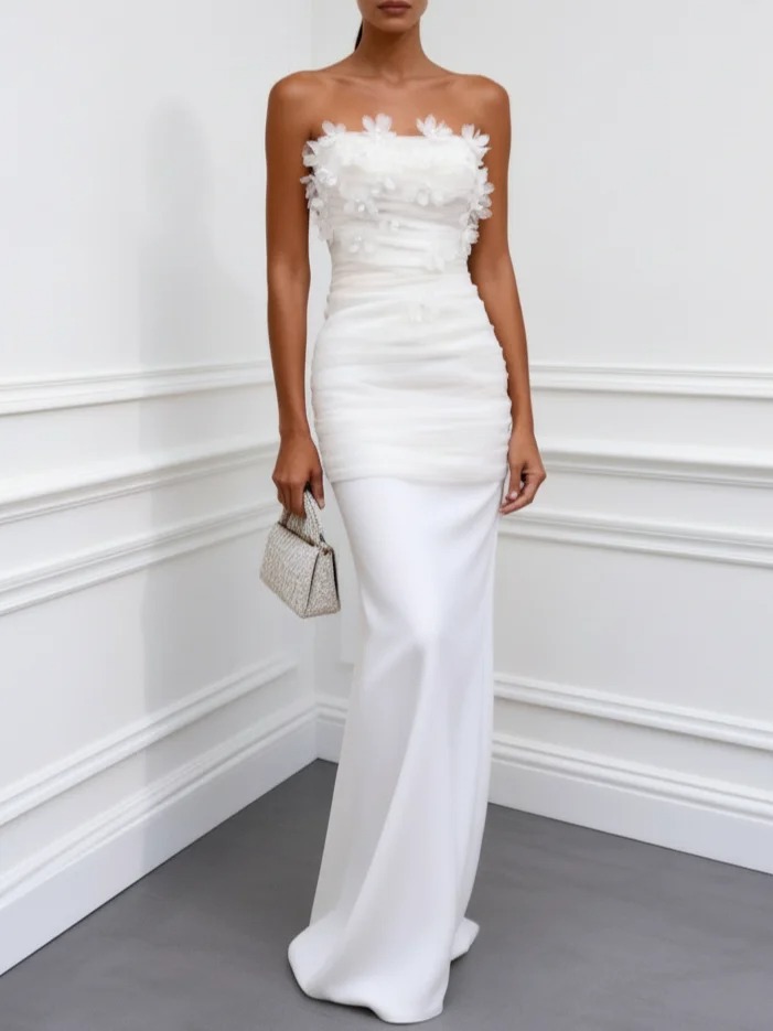 White 3D Floral Satin Strapless Sleeveless Sheath Gown Dress