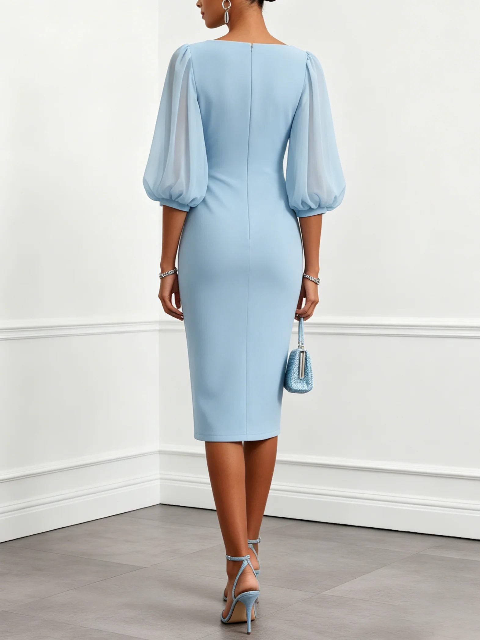 Light Blue Ruched Classic Boat Neck Half Sleeve Puff Sleeve H-Line Midi Dress
