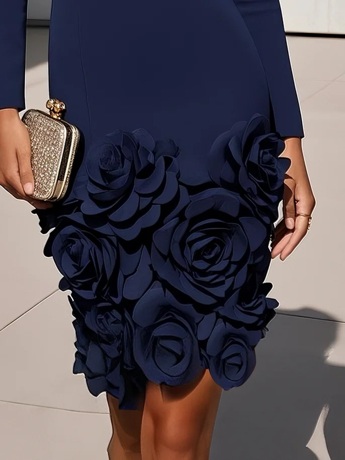 Navy Blue 3D Floral Classic Sweetheart Neckline Long Sleeve Sheath Mini Dress