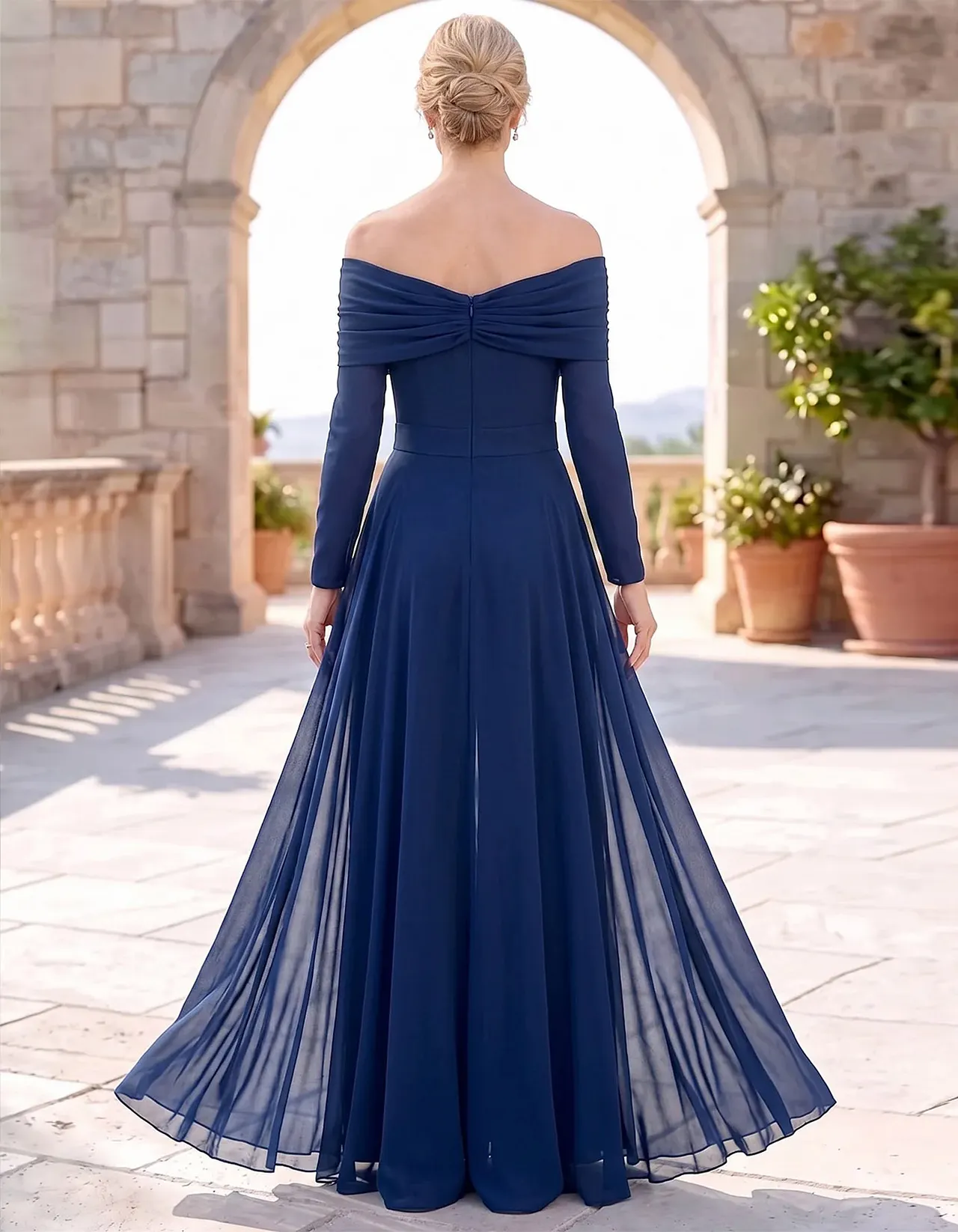 Blue Off The Shoulder Chiffon Formal Jumpsuit