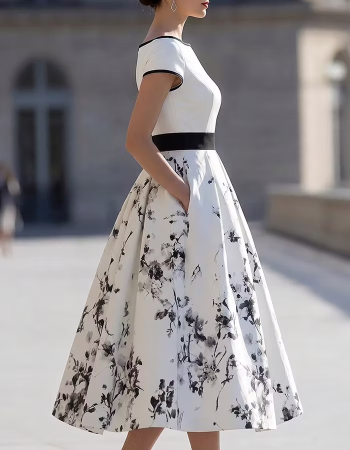 White & Black Floral Print Off-the-Shoulder Satin Midi Dress