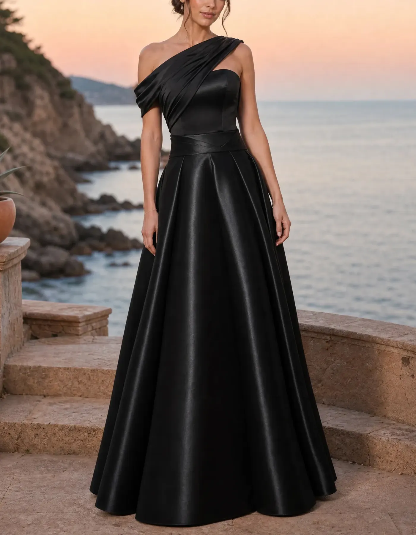 Satin Asymmetrical One Shoulder Twist Draped Maxi Dress