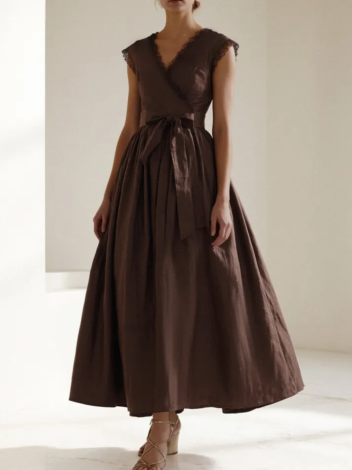 Linen Maxi Dress, Short Sleeve, Lace Collar, Plain, Vintage, CAMEO BROWN