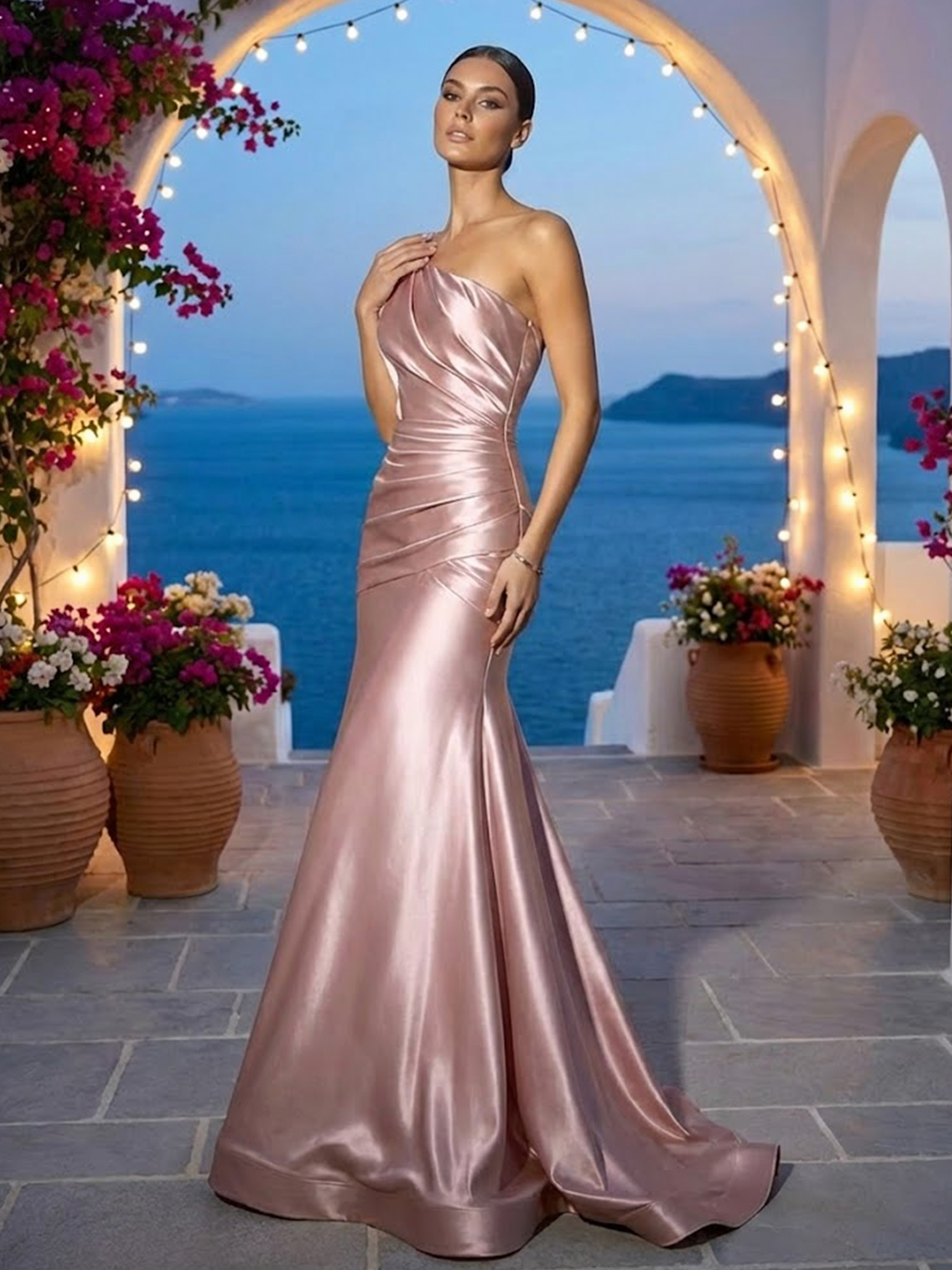 Pink Ruched Satin One Shoulder Sleeveless A-Line Gown Dress