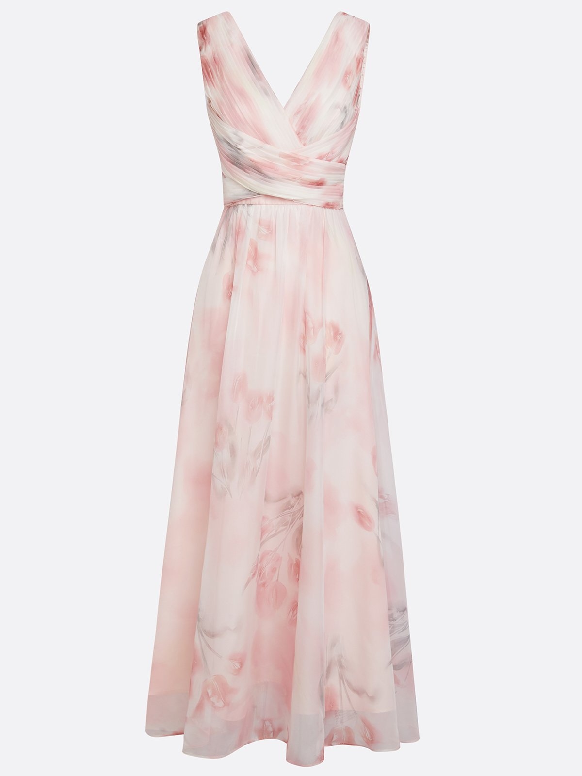 Light Pink Floral Ruched Chiffon V Neck Sleeveless A-Line Floor-length Gown Dress