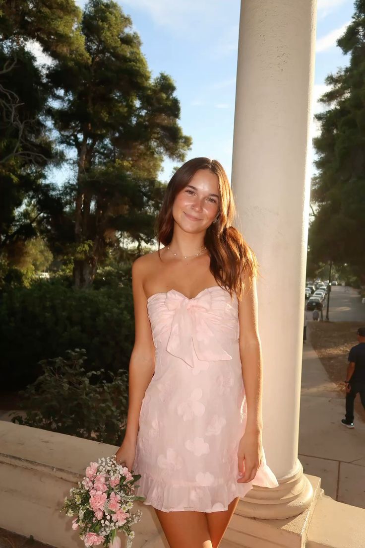 Women Pink 3D Flower Strapless Mini Dress Big Bow Ruffle Hem Dress
