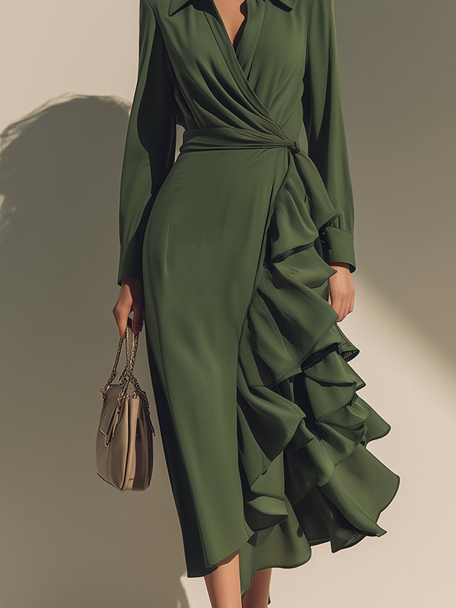 Olive Green Long-Sleeve Wrap Dress With Cascading Ruffle Detail