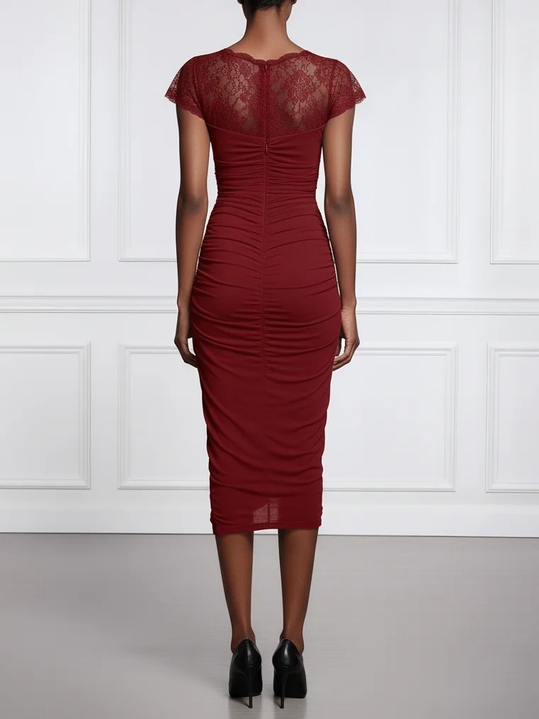 Burgundy Lace Ruched Knit V Neck Short Sleeve Bodycon Midi Dress