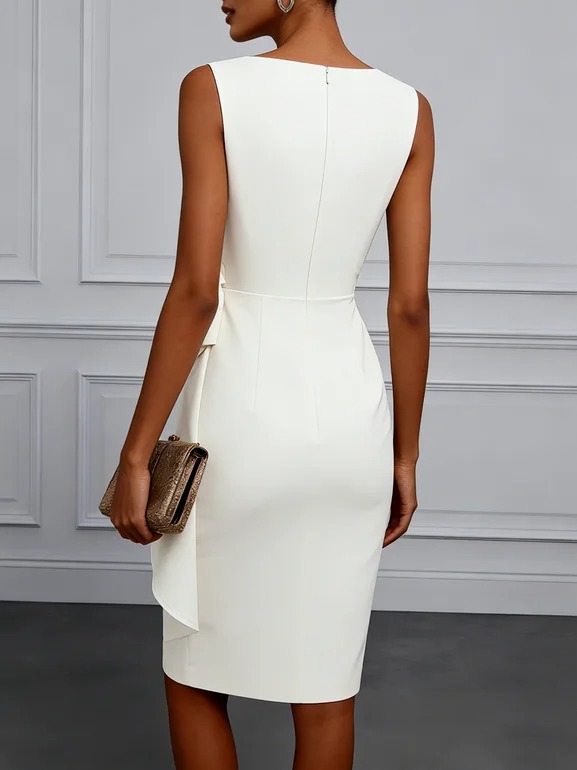 White Bow Asymmetric Classic Boat Neck Sleeveless Sheath Midi Dress