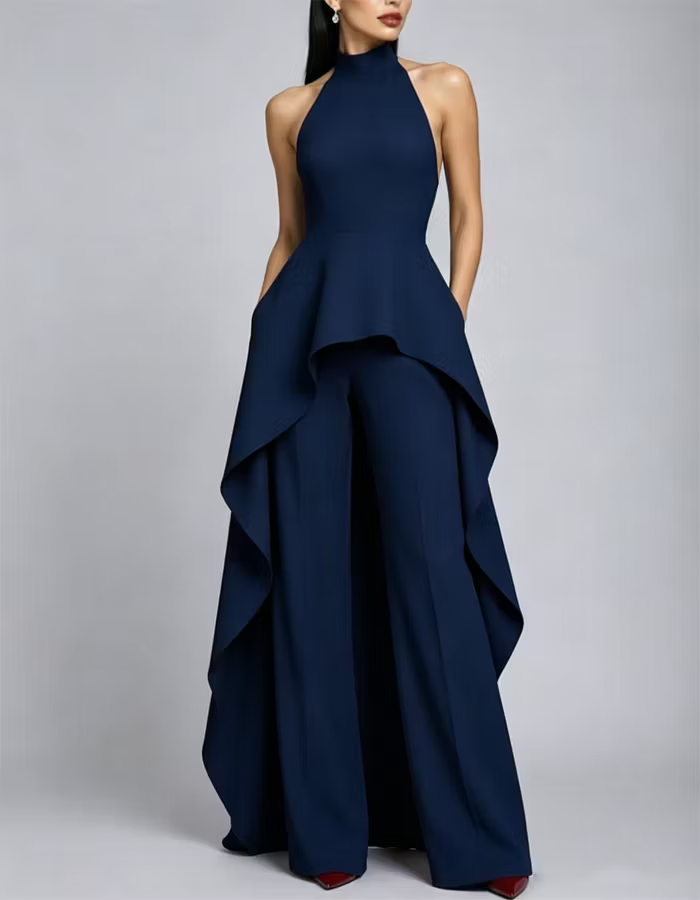 Halter-Neck Pleated Crepe Jumpsuit