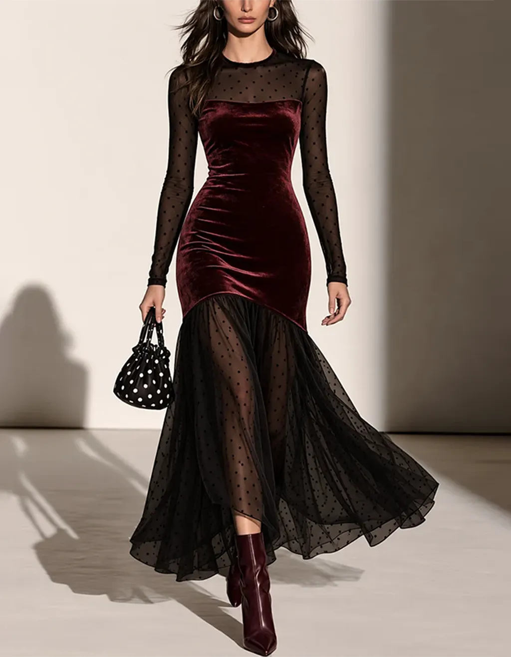 Burgundy Polka Dot Tulle & Velvet Maxi Dress