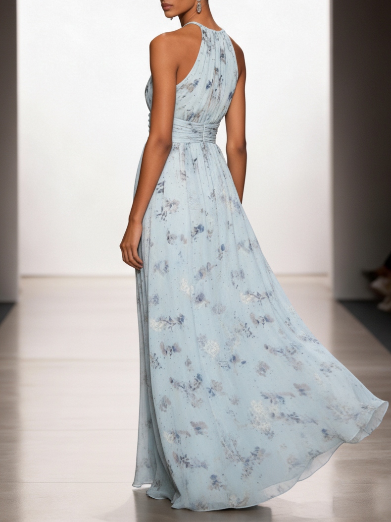Light Blue Stamped Bronzing Jacquard Floral Chiffon Halter Sleeveless A-Line Maxi Dress