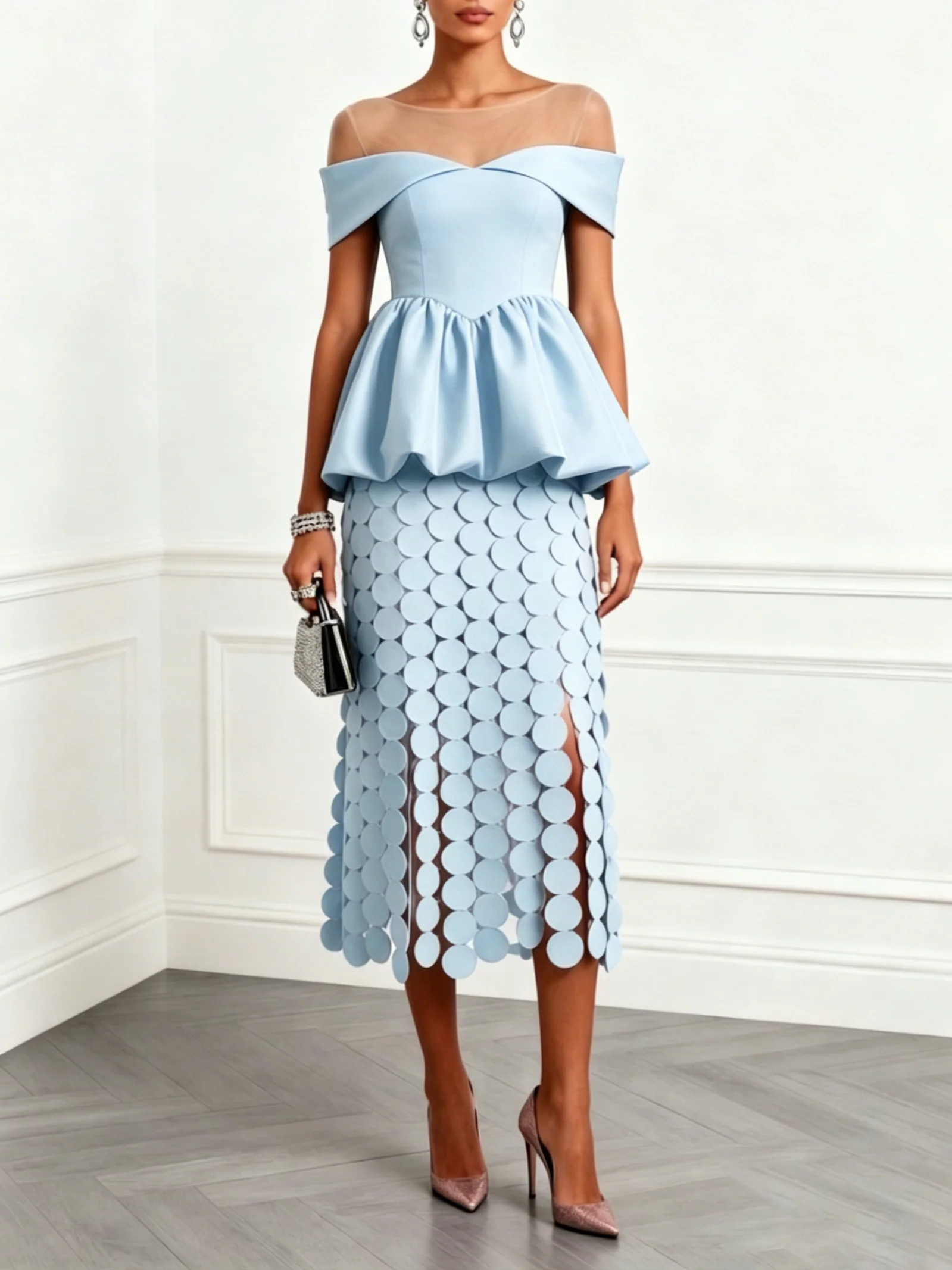 Women Light Blue Ruched Boat Neck Short Sleeve Elegant Top With Skirt Two-Piece Set