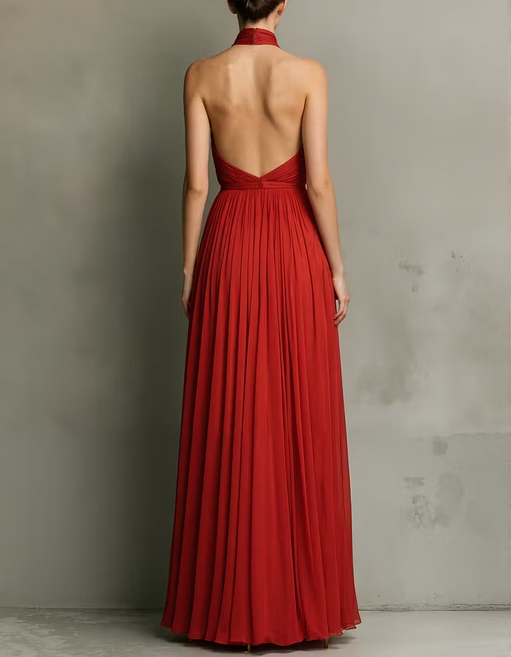 Red Chiffon Deep V Neck Split Maxi Dress（Without Waist Brooch）