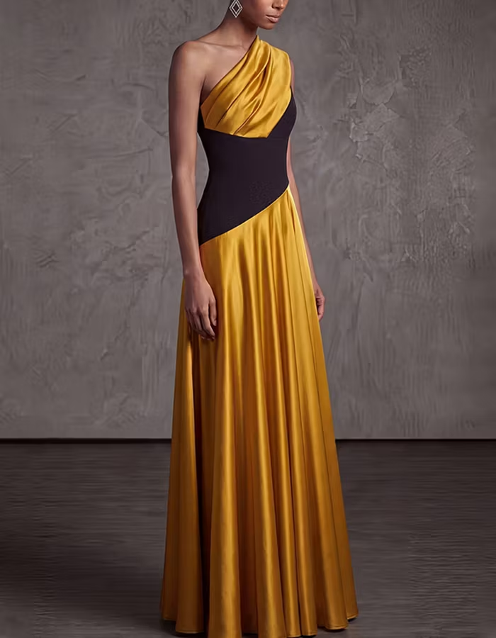 Two Tone One Shoulder Color Block Satin A-Line Maxi Dress