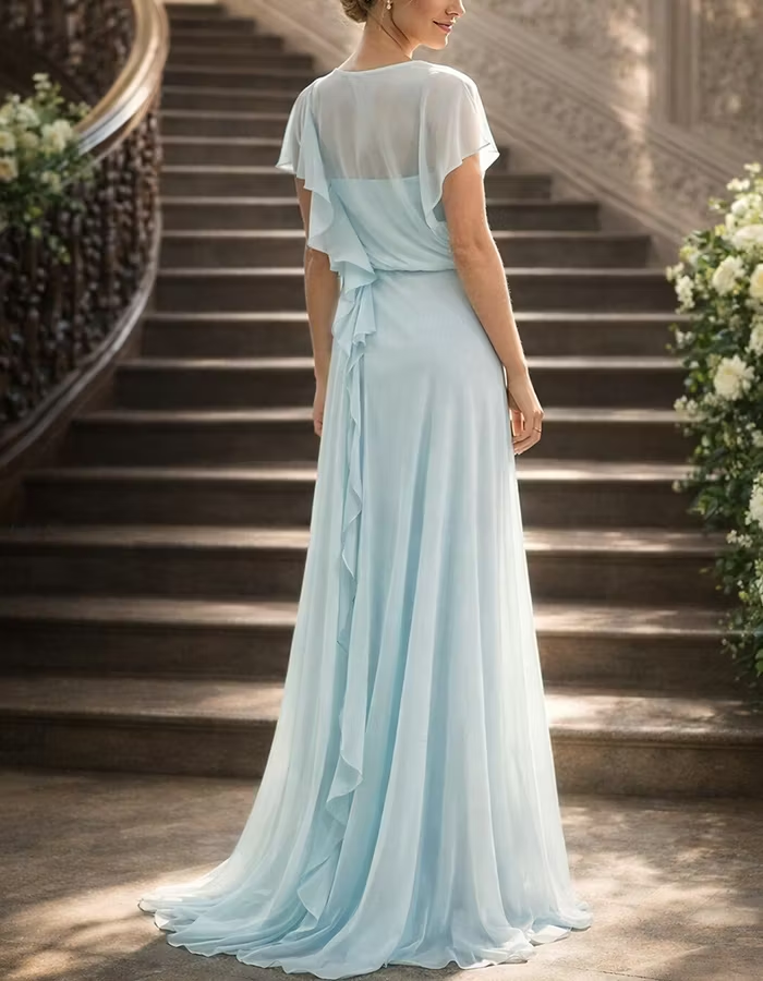 Cowl Neck Side Ruffle High Slit Chiffon Maxi Dress