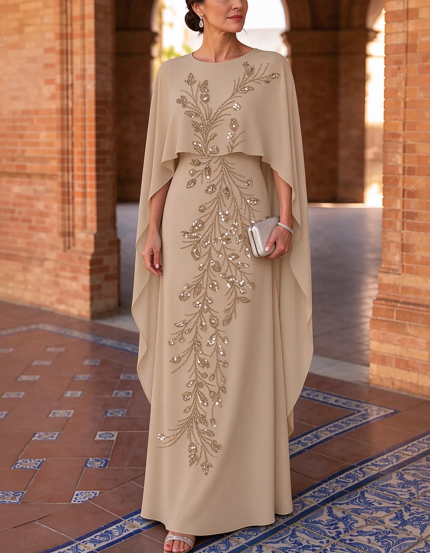 Chiffon Round Neck Cape Overlay Leaf Embroidery Maxi Dress