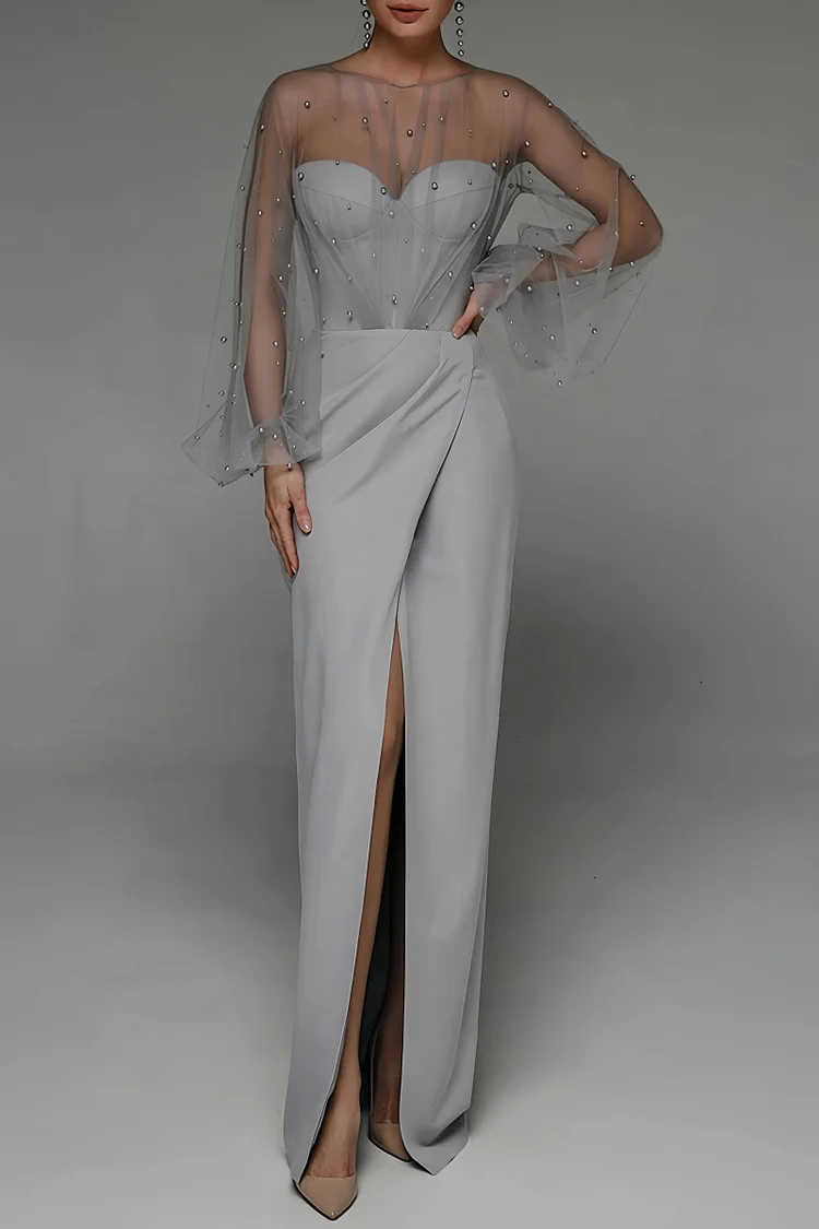 Faux Pearl Lantern Sleeve Midi Dress