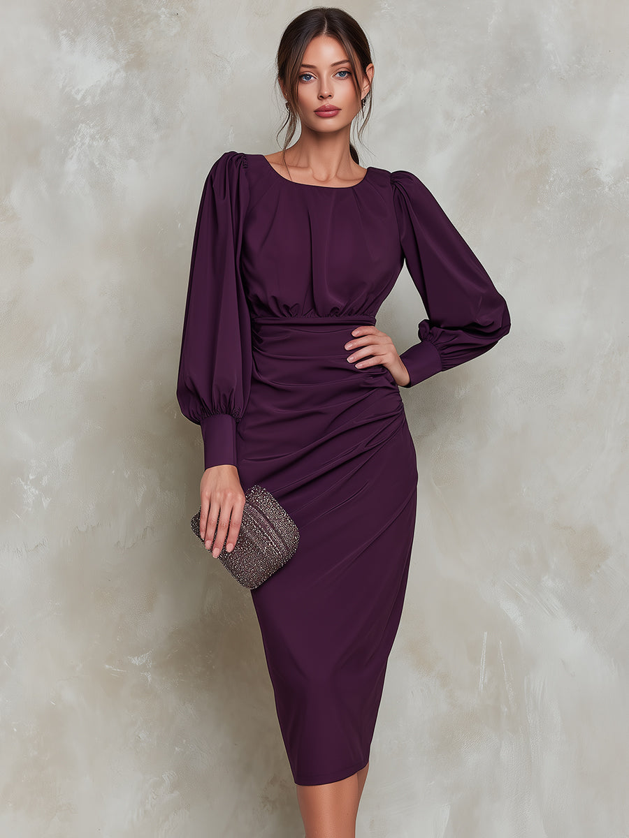 Purple Ruched Waist Puff Sleeve Midi Dress