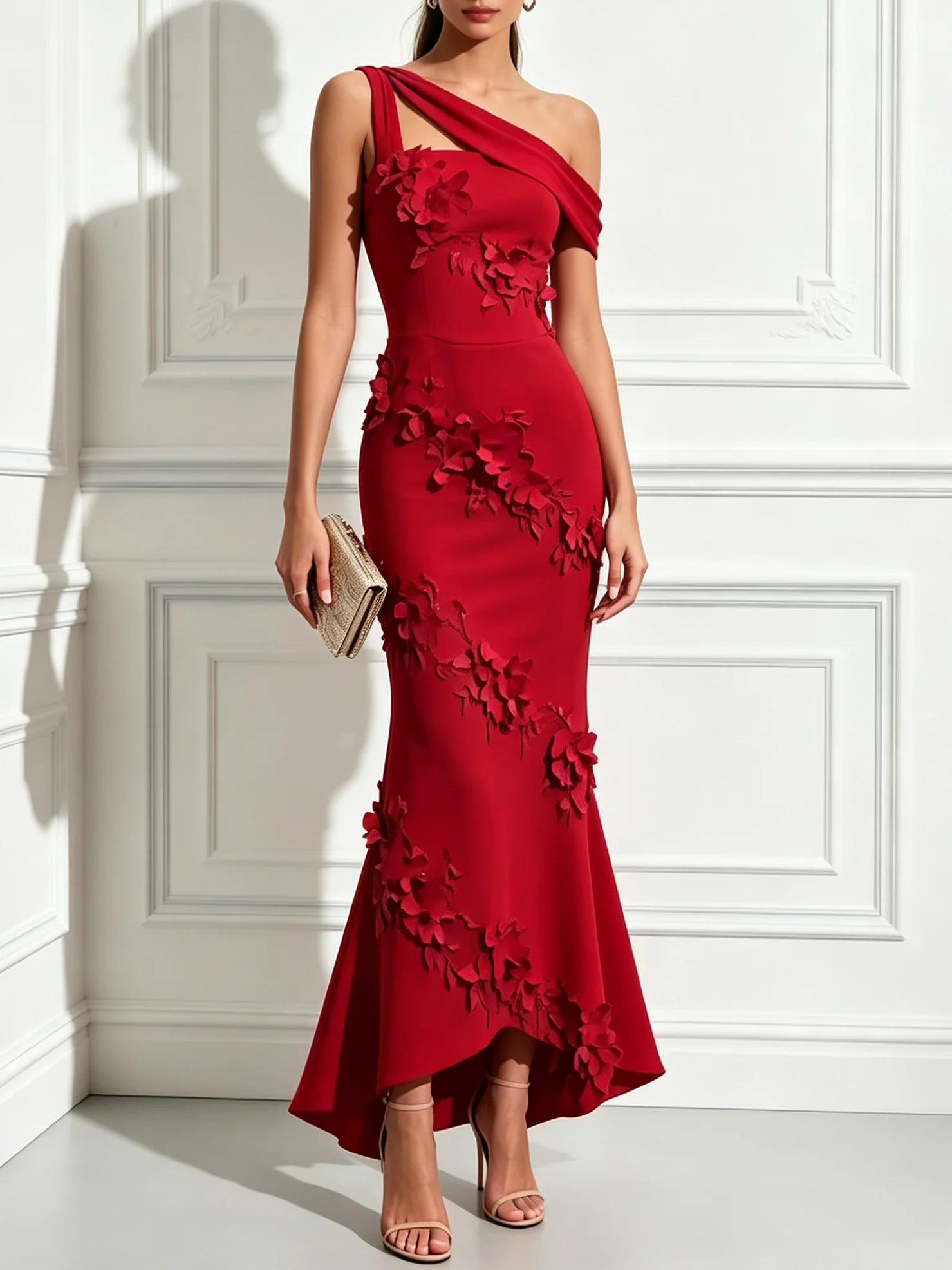 Red 3D Floral Classic One Shoulder Sleeveless Mermaid Maxi Dress