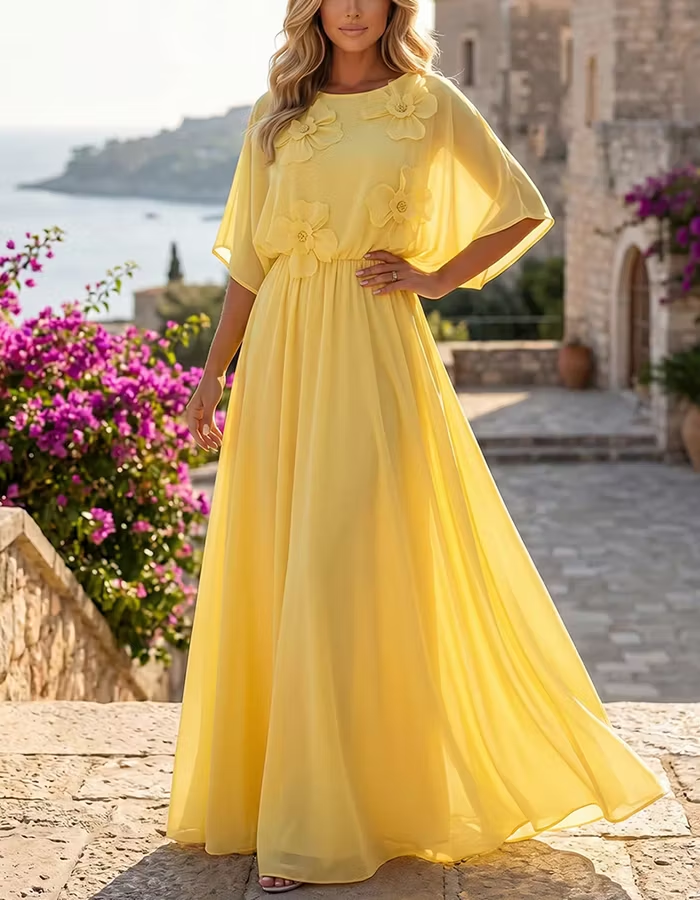 Yellow Round Neck 3D Flower Batwing Sleeve Chiffon Maxi Dress