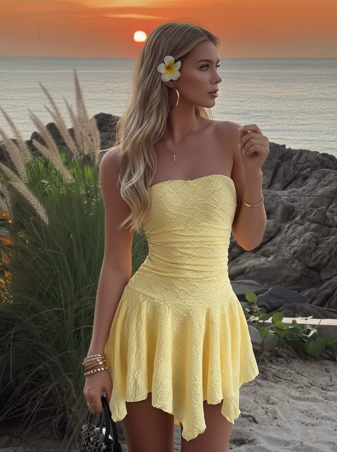 Lemon Yellow Strapless Textured Ruched Flared Hem Mini Dress