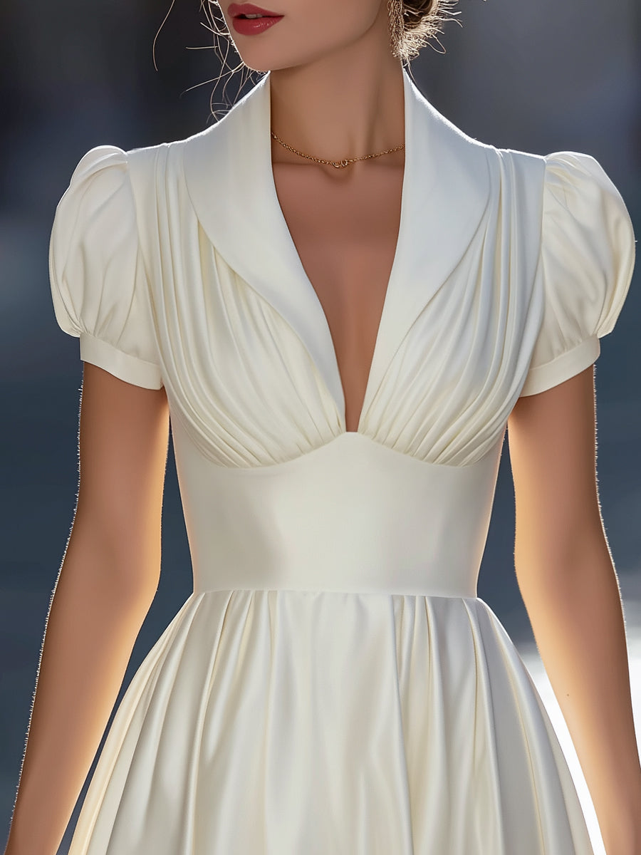 White Pleated V-Neck Puff Sleeve Fit-and-Flare Dress
